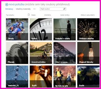 Snímek obrazovky s knihovnou zdrojů na SharePointu Zobrazuje miniatury několika videí a obrázků, které knihovna obsahuje. Zobrazuje také sloupce standardních metadat pro prostředky médií.