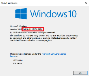 Obrázek dialogového okna verze ve Windows 10