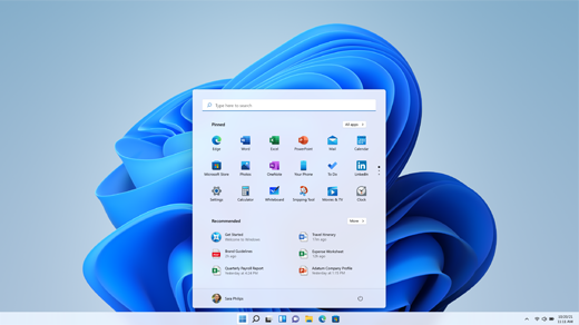 Přenosný počítač s Windows 11 a otevřenou nabídkou Start