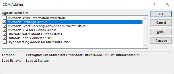 Otevřené okno doplňku modelu COM aplikace Outlook