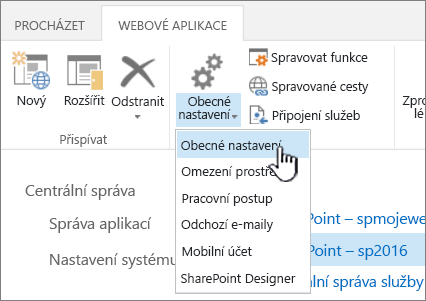 Spravovat oddíl pásu karet s vybranou možností Obecná nastavení