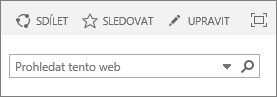 Snímek obrazovky ukazuje část pásu karet SharePointu Online s vyhledávacím polem a ovládacími prvky Sdílet, Sledovat a Upravit.