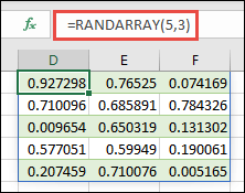 Funkce RANDARRAY zadaná v buňce D1 s přesahem z D1 do F5.