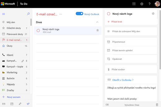 Snímek obrazovky s otevřeným seznamem e-mailů s příznakem a zobrazením podrobného náhledu loga úkolu V zobrazení podrobností je možnost otevřít v Outlooku i náhled textu e-mailu.