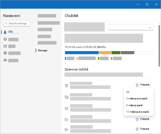 Snímek obrazovky s nastavením Outlooku > storage