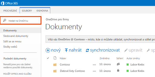 Snímek obrazovky pole dotazu OneDrivu v Office 365
