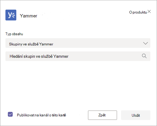 Obrazovka pro výběr skupiny Yammeru, která se má zobrazit v Teams