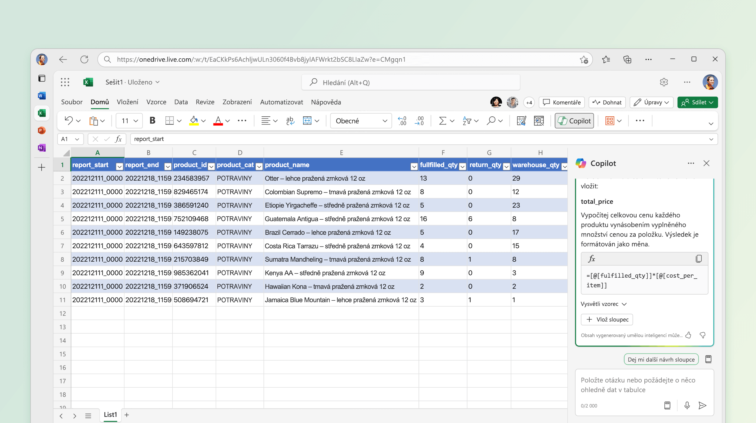 Snímek obrazovky znázorňující Copilota v Excelu, jak navrhuje vzorec pro výpočet.