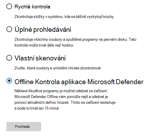 Dialogové okno Možnosti kontroly s vybranou Microsoft Defender Offline skenování.