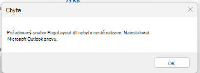 Snímek obrazovky s chybovou zprávou Požadovaný soubor PageLayout.dll se nepodařilo najít