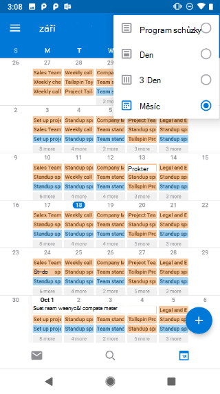 Zobrazí kalendář s rozevírací nabídkou v pravém horním rohu. Nabízí tyto možnosti zobrazení: Agenda, Den, Tři dny a Měsíc.