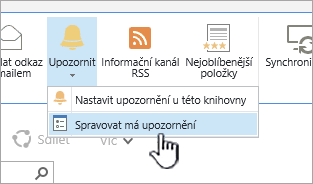 Zvýrazněné tlačítko Spravovat upozornění v SharePointu 2016