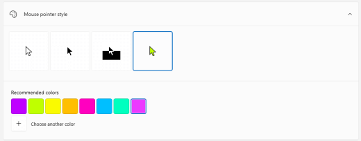 Možnosti ukazatele myši ve Windows s vybranou vlastní barvou