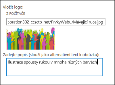 Dialog s názvem a logem nového webu SharePointu Online znázorňující vytvoření alternativního textu pro obrázek loga