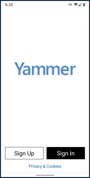 Snímek obrazovky zobrazující přihlašovací obrazovku aplikace Yammer pro Android