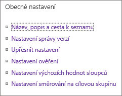 Seznam odkazů na obecná nastavení