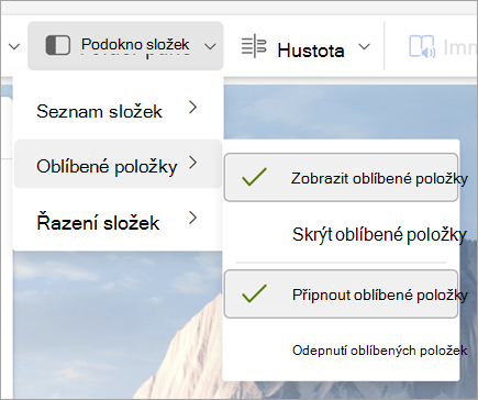 Snímek obrazovky s rozevíracím seznamem podokna složek a vybranou možností Zobrazit oblíbené položky a Připnout oblíbené položky