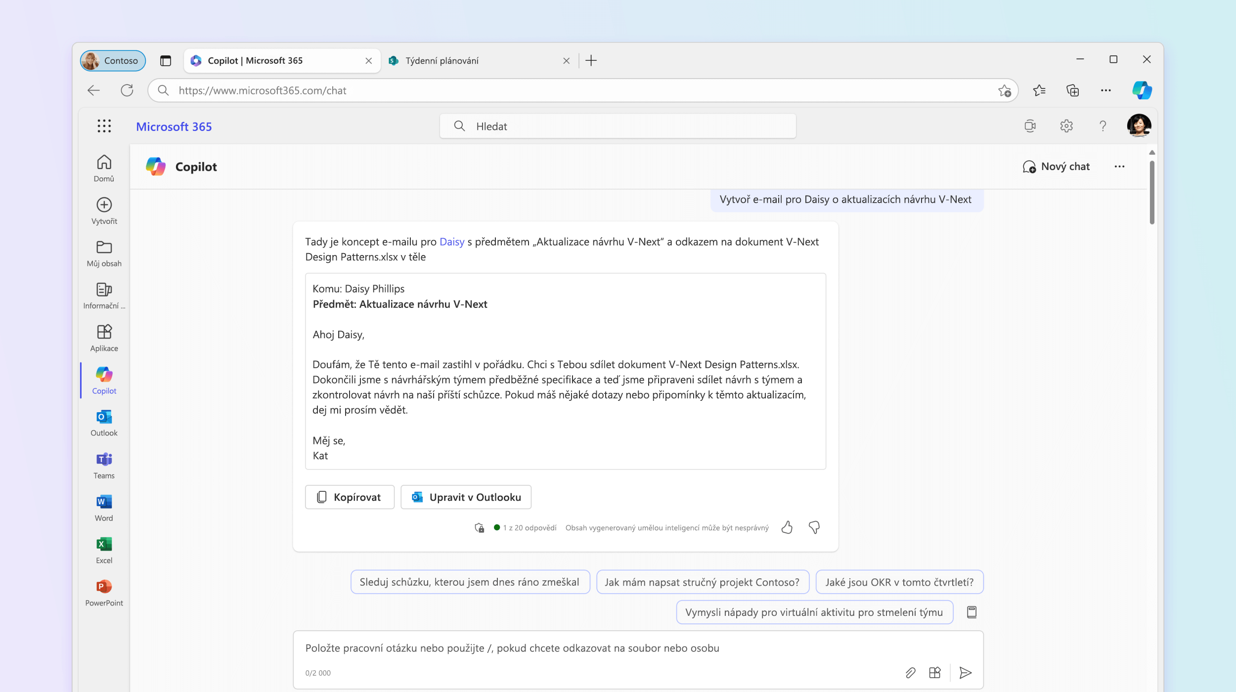 Snímek obrazovky ukazuje, jak Microsoft 365 Chat navrhuje e-mail.