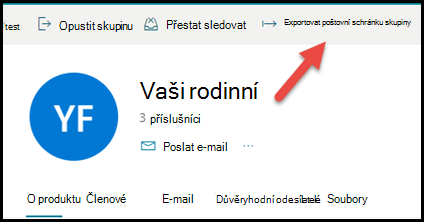 Karta skupiny v Outlook.com se šipkou směřující nahoru a doprava k exportu poštovní schránky skupiny.