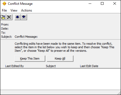 Dialogové okno konfliktní zprávy v Outlooku