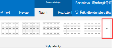 Snímek obrazovky s prvními šesti styly tabulek a tlačítkem Další zobrazíte všechny styly tabulek.