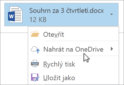 Snímek obrazovky Outlooku s oknem pro vytvoření zprávy s připojeným souborem a vybraným příkazem Nahrát