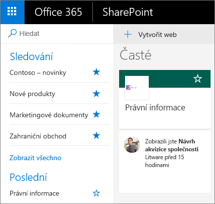 Snímek obrazovky s domovskou stránkou pro moderní režim SharePointu