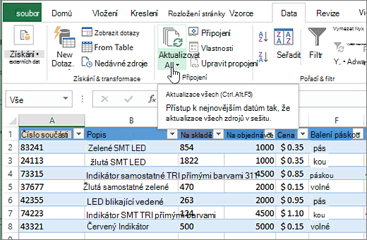 Excelová tabulka s importovaným seznamem a zvýrazněným tlačítkem Aktualizovat vše