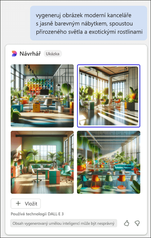 Zobrazuje výzvu Copilota pro obrázek moderní kanceláře s barevným nábytkem, přirozeným světlem a exotickými rostlinami, po které následují čtyři obrázky.