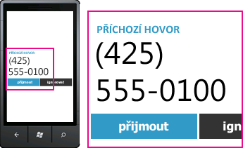 Snímek obrazovky ukazující telefonní číslo příchozího hovoru a odpovídací tlačítko v Lyncu pro mobilní klienty