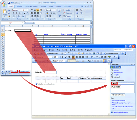 Sešit aplikace Excel před převedením a po převedení na šablonu formuláře aplikace InfoPath