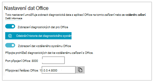 Snímek obrazovky části Nastavení dat Office z Nastavení Prohlížeče diagnostických dat