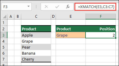 Příklad použití XMATCH k vyhledání pozice položky v seznamu.