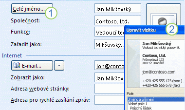 V elektronické vizitce se zobrazuje podmnožina informací odpovídajícího formuláře kontaktu.