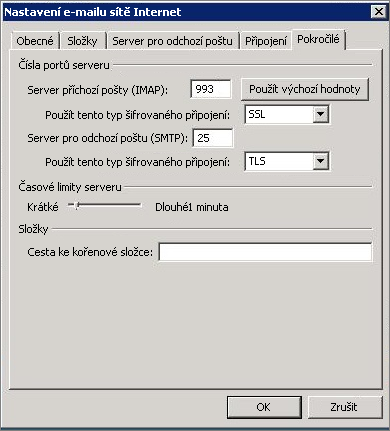 Snímek obrazovky s kartou Upřesnit v dialogovém okně Nastavení e-mailu v internetu.