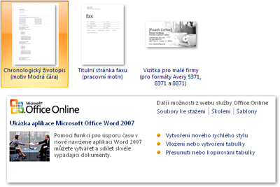 Hlavní odkazy v aplikaci sady Office 2007