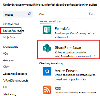 Zobrazení sharepointových zpráv nakonfigurovaných pro kanál Teams