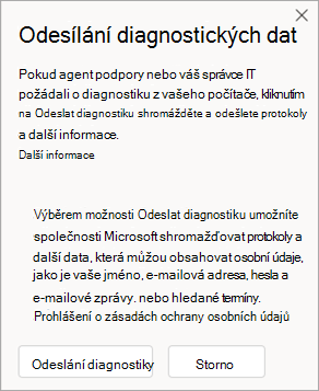 Snímek obrazovky s oknem, které ukazuje, jak odesílat diagnostická data při rozhovoru s agentem