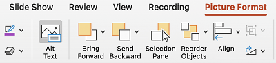 Tlačítko Alternativní text na pásu karet v PowerPointu pro Mac