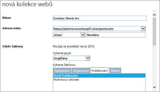 Horní polovina dialogu Nová kolekce webů se zvýrazněnou možností Portál publikování