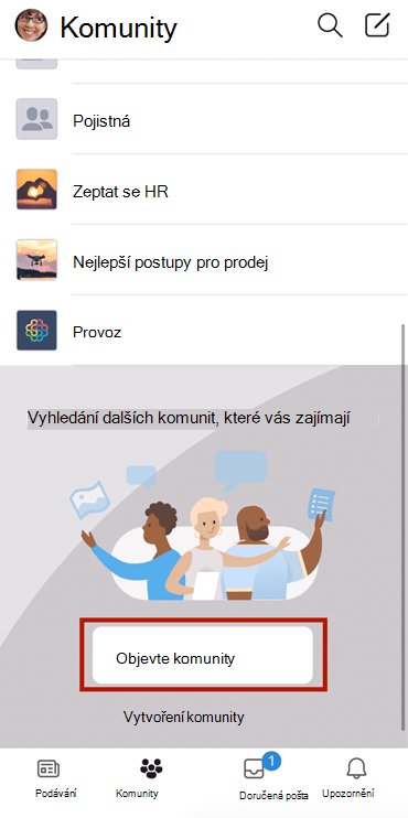 Snímek obrazovky s hledáním komunit Yammeru na mobilu s výběrem