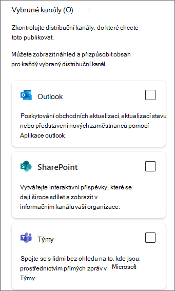 Snímek obrazovky bočního panelu se zaškrtávacími políčky pro Outlook, SharePoint a Teams