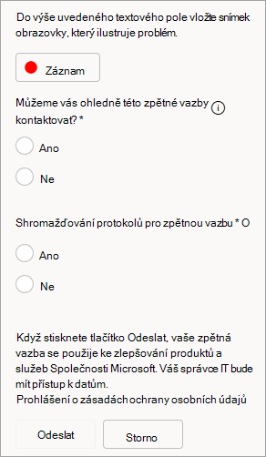 Snímek obrazovky s možností povolit kontakt a odesílání protokolů při odesílání zpětné vazby