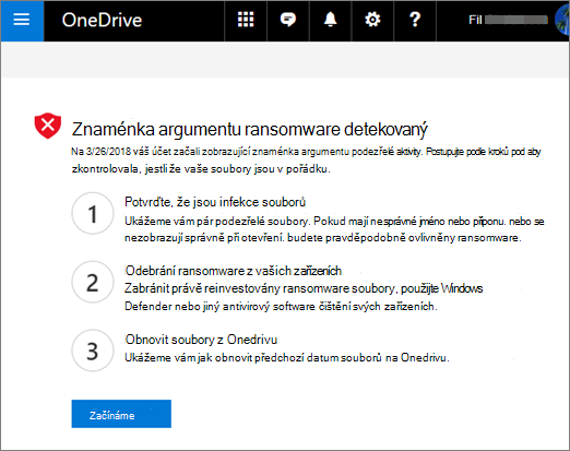 Snímek obrazovky známky zjištěného ransomwaru na webu OneDrive