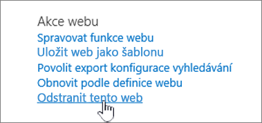 Nabídka nastavení webu se zvýrazněnou možností Odstranit tento web
