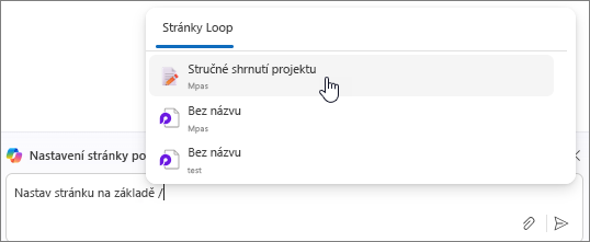 Rozevírací nabídka existujících stránek Loop.