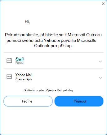 Obrazovka nastavení Yahoo Outlooku čtyři – souhlas s podmínkami yahoo