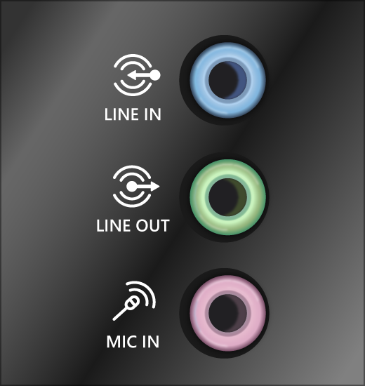 Zelený výstupní a růžový vstupní konektor zvukového systému