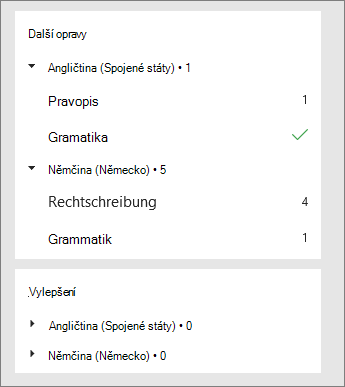 Opravy a návrhy pro vylepšení se zobrazí v seznamu v podokně editoru podle jednotlivých jazyků.