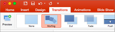 Ukazuje Morfing v nabídce Přechody v PowerPointu 2016 pro Mac.